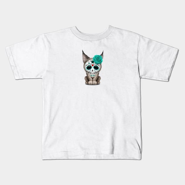 Blue Day of the Dead Sugar Skull Lynx Cub Kids T-Shirt by jeffbartels